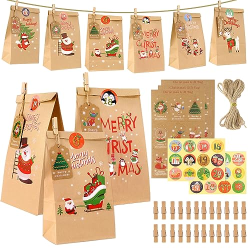 DIY Advent Calendar, 2025 Kinder Advent Calendar, Children's Advent Calendar Bags to Fill, with 1-24 Number Stickers, 24 Clips and Hemp Rope