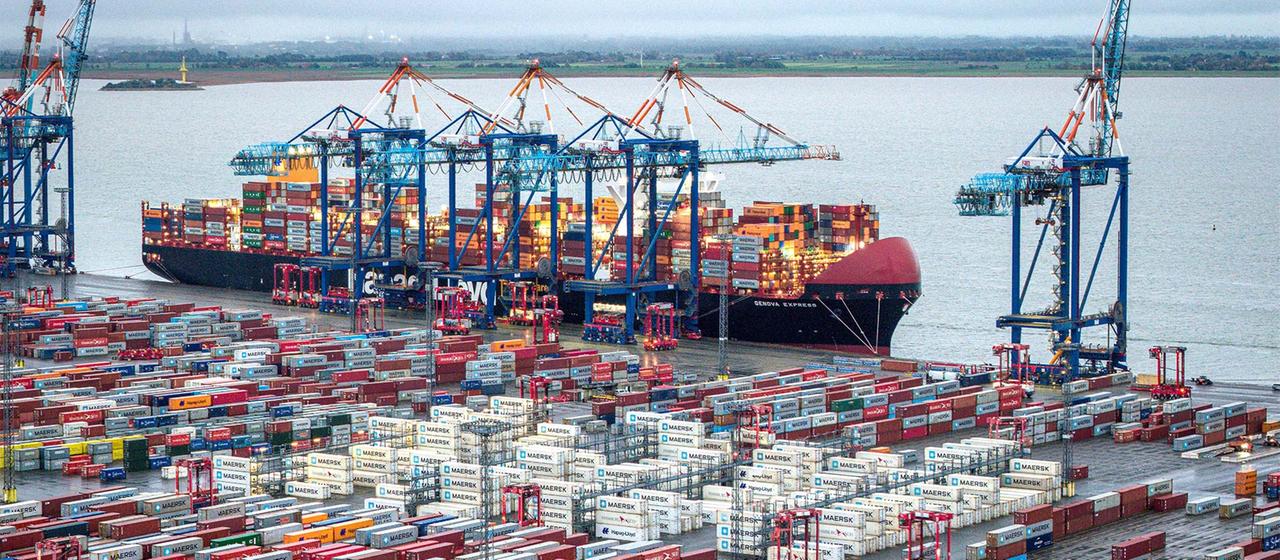 Containers and cargo ship in the port.