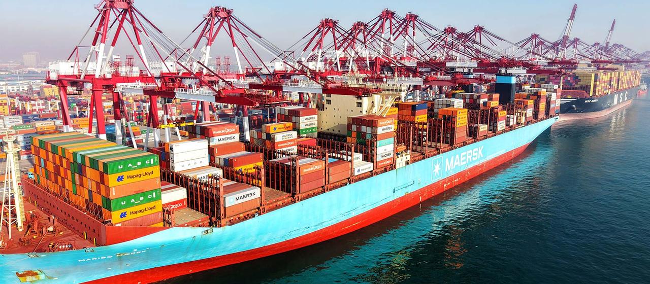 Fully loaded container ships in the port of Qingdao, China.