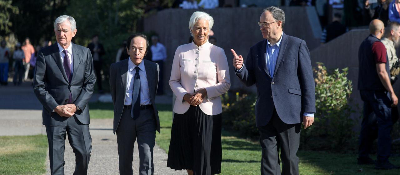 Christine Lagarde, Jerome Powell, Kazuo Ueda and Andrew Bailey. (Archive image: August 22, 2025)