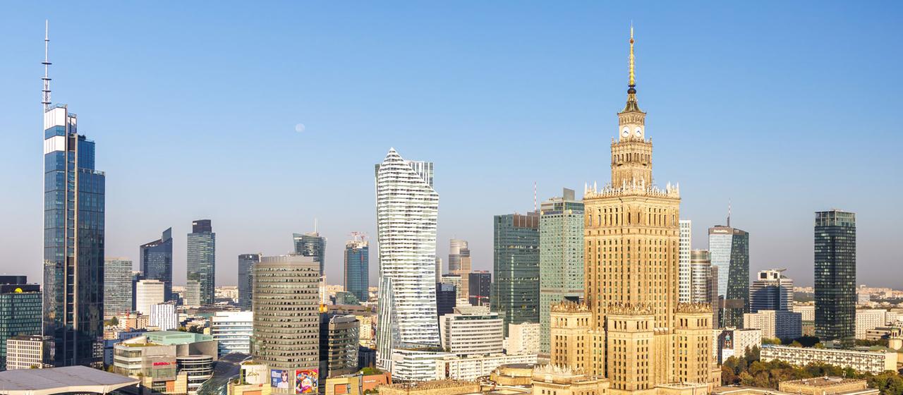 High-rise buildings with Palace of Culture in Warsaw, Poland.